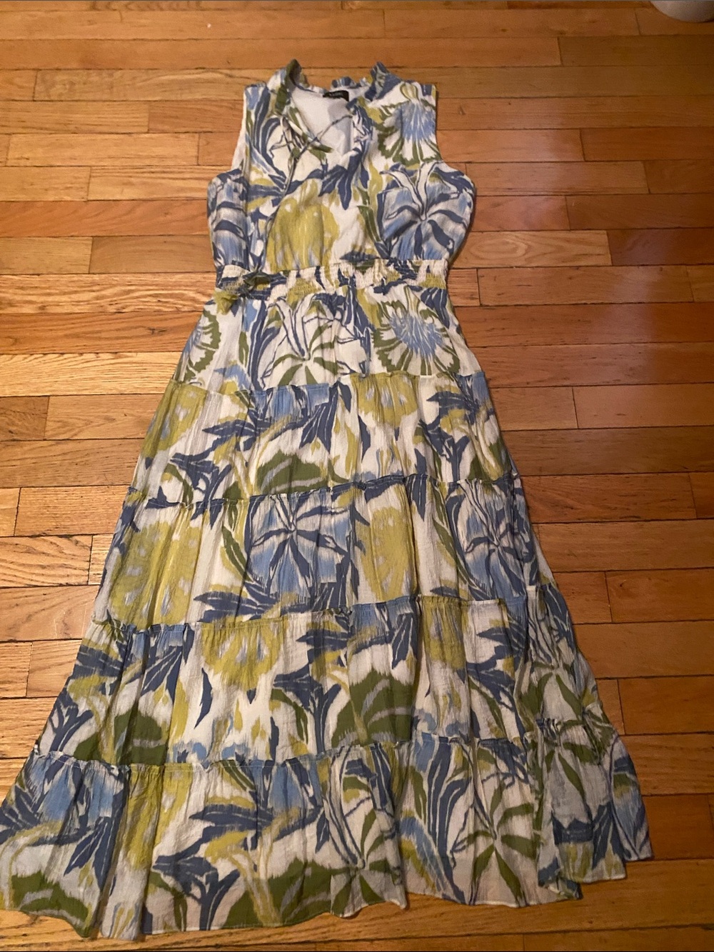 Sleeveless Floral Tiered Maxi Dress in Blue, Green & White by